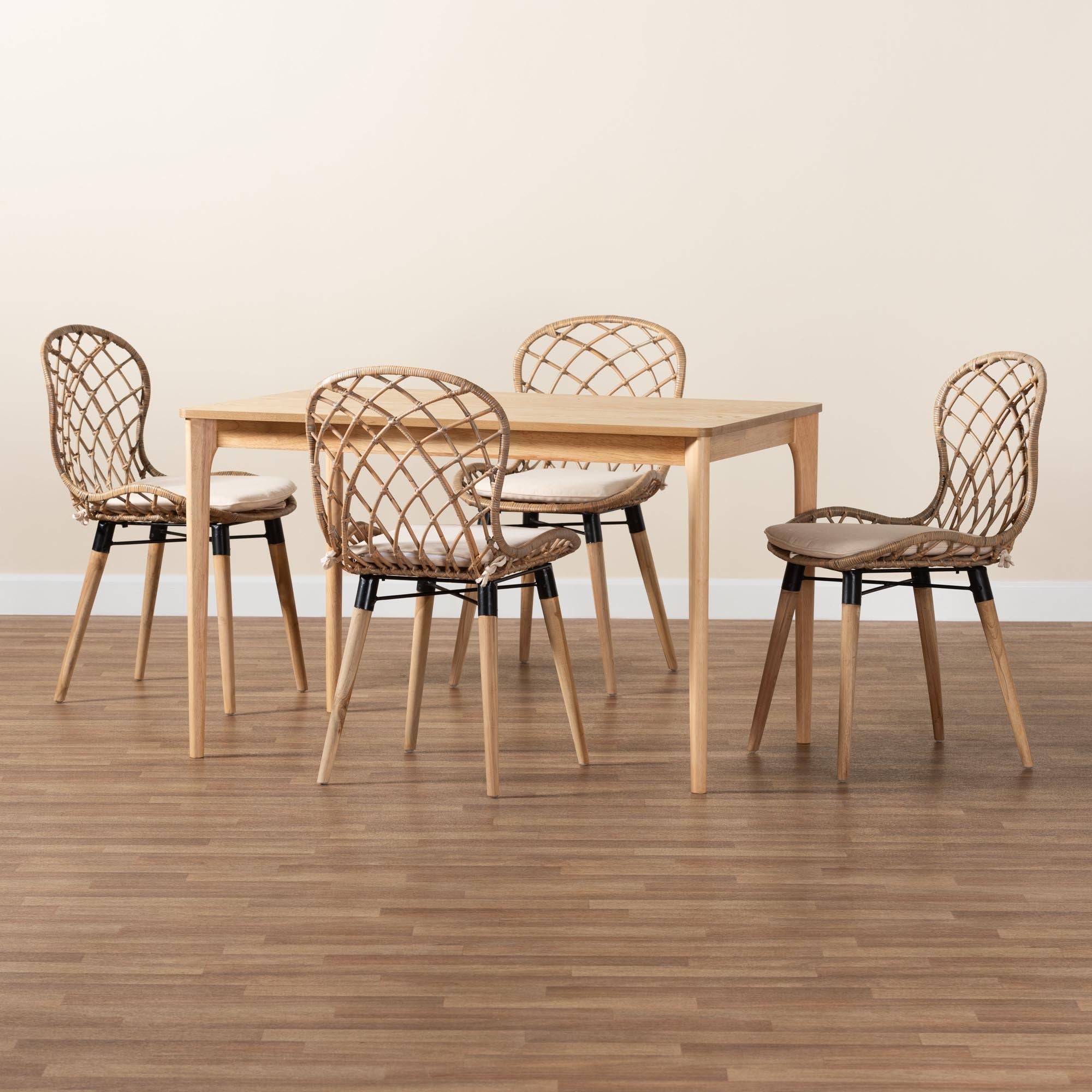 Sabelle Modern Bohemian Greywashed Rattan and Natural Brown Finished Wood 5-Piece Dining Set