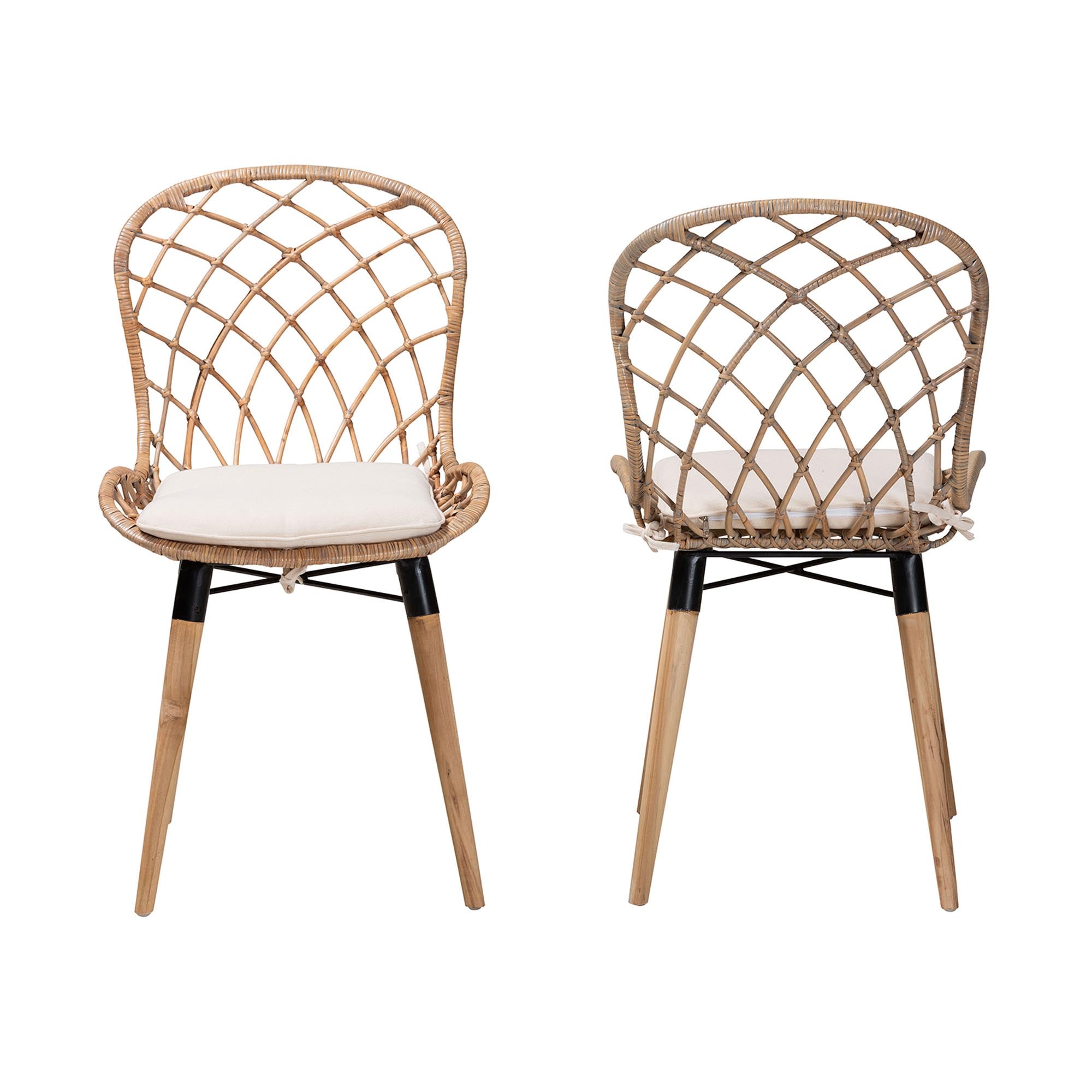 bali & pari Sabelle Modern Bohemian Natural Brown Finished Teak Wood and Greywashed Rattan 2-Piece Dining Chair Set