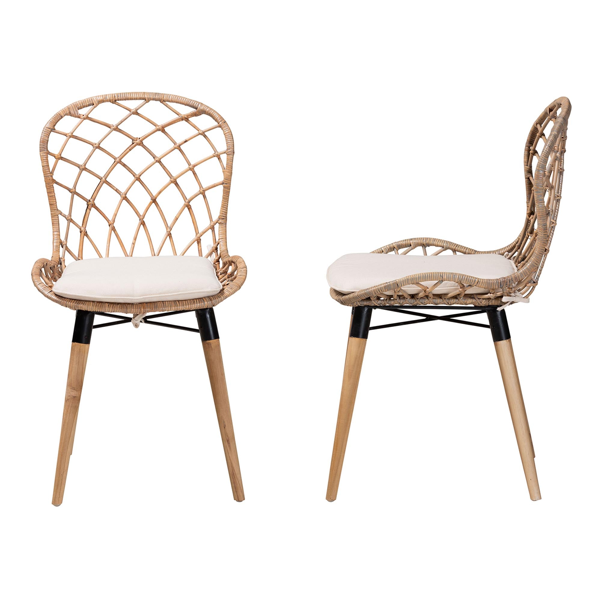 bali & pari Sabelle Modern Bohemian Natural Brown Finished Teak Wood and Greywashed Rattan 2-Piece Dining Chair Set