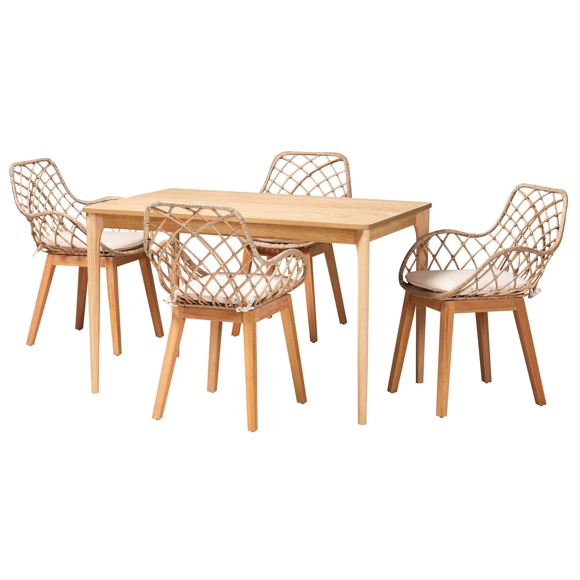 Ballerina Modern Bohemian Greywashed Rattan and Natural Brown Finished Mahogany Wood 5-Piece Dining Set