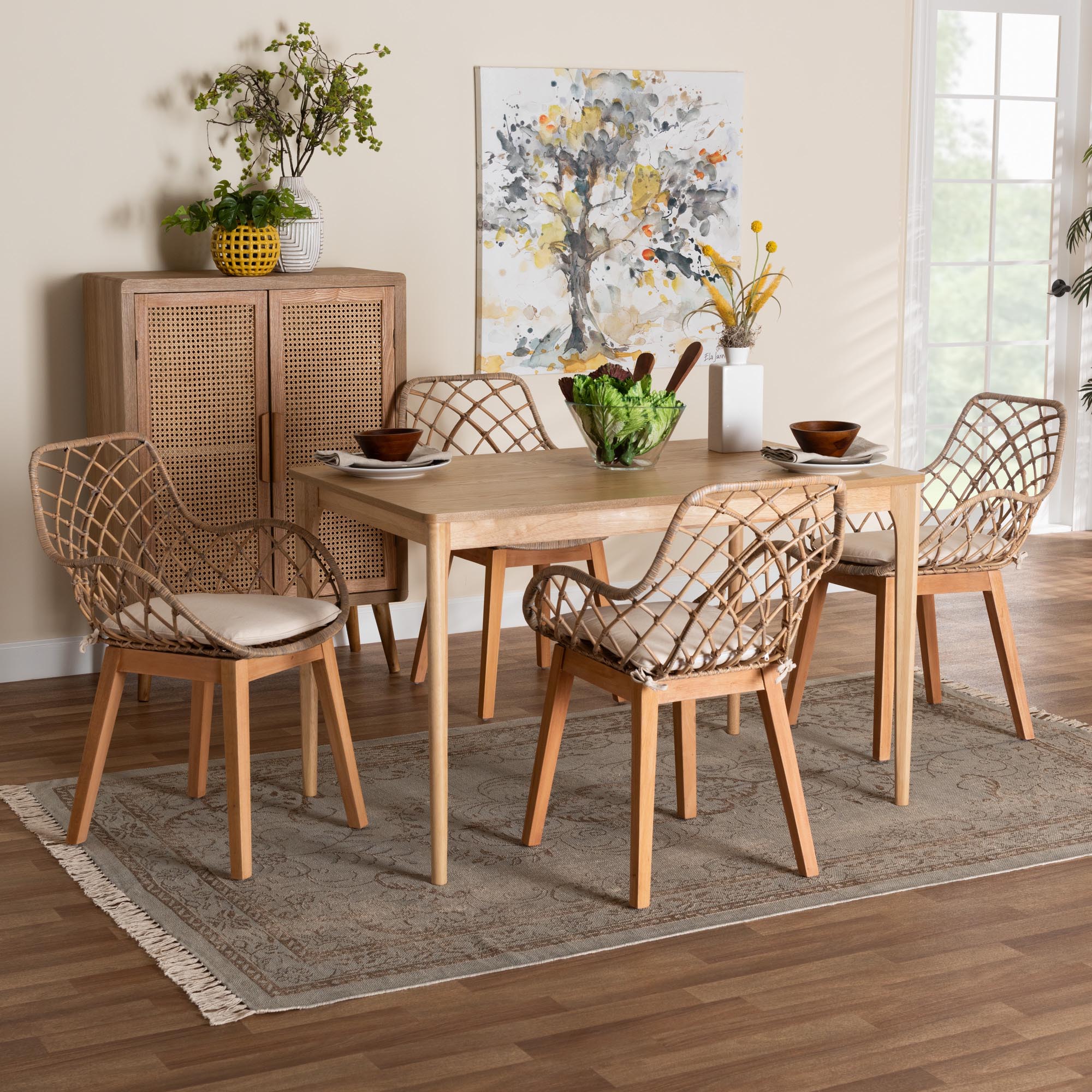 Ballerina Modern Bohemian Greywashed Rattan and Natural Brown Finished Mahogany Wood 5-Piece Dining Set
