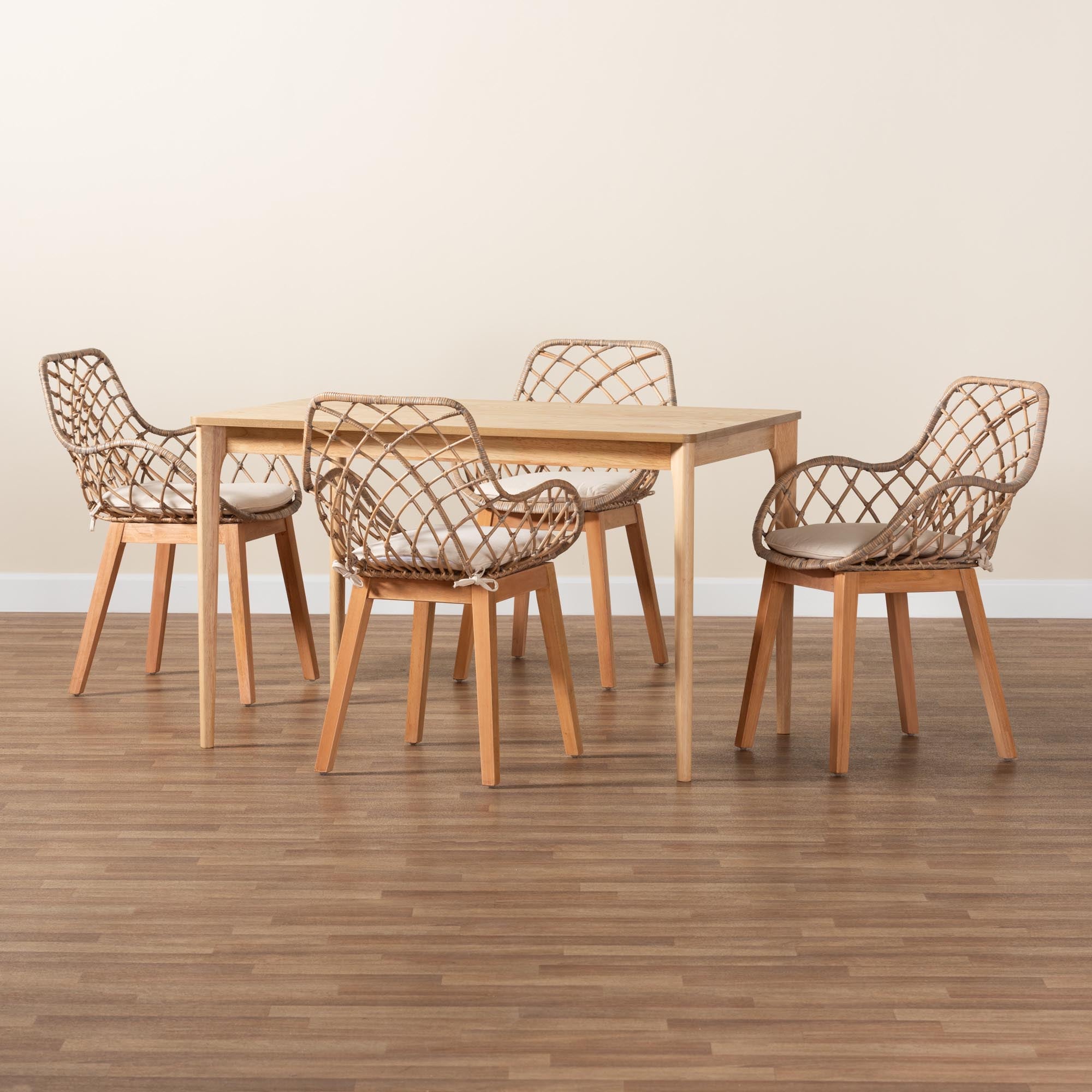 Ballerina Modern Bohemian Greywashed Rattan and Natural Brown Finished Mahogany Wood 5-Piece Dining Set