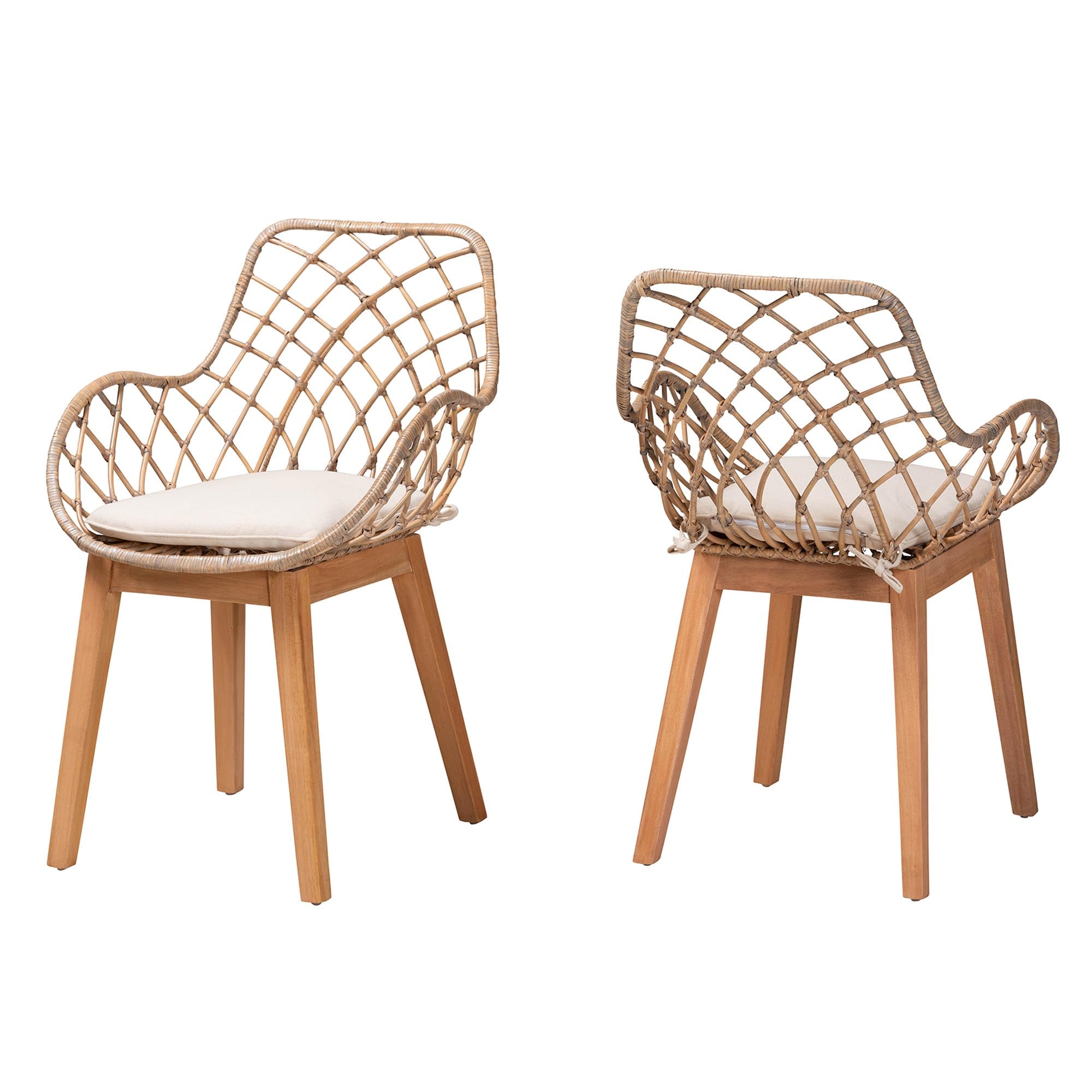 bali & pari Ballerina Modern Bohemian Greywashed Rattan and Natural Brown Finished Wood 2-Piece Dining Chair Set