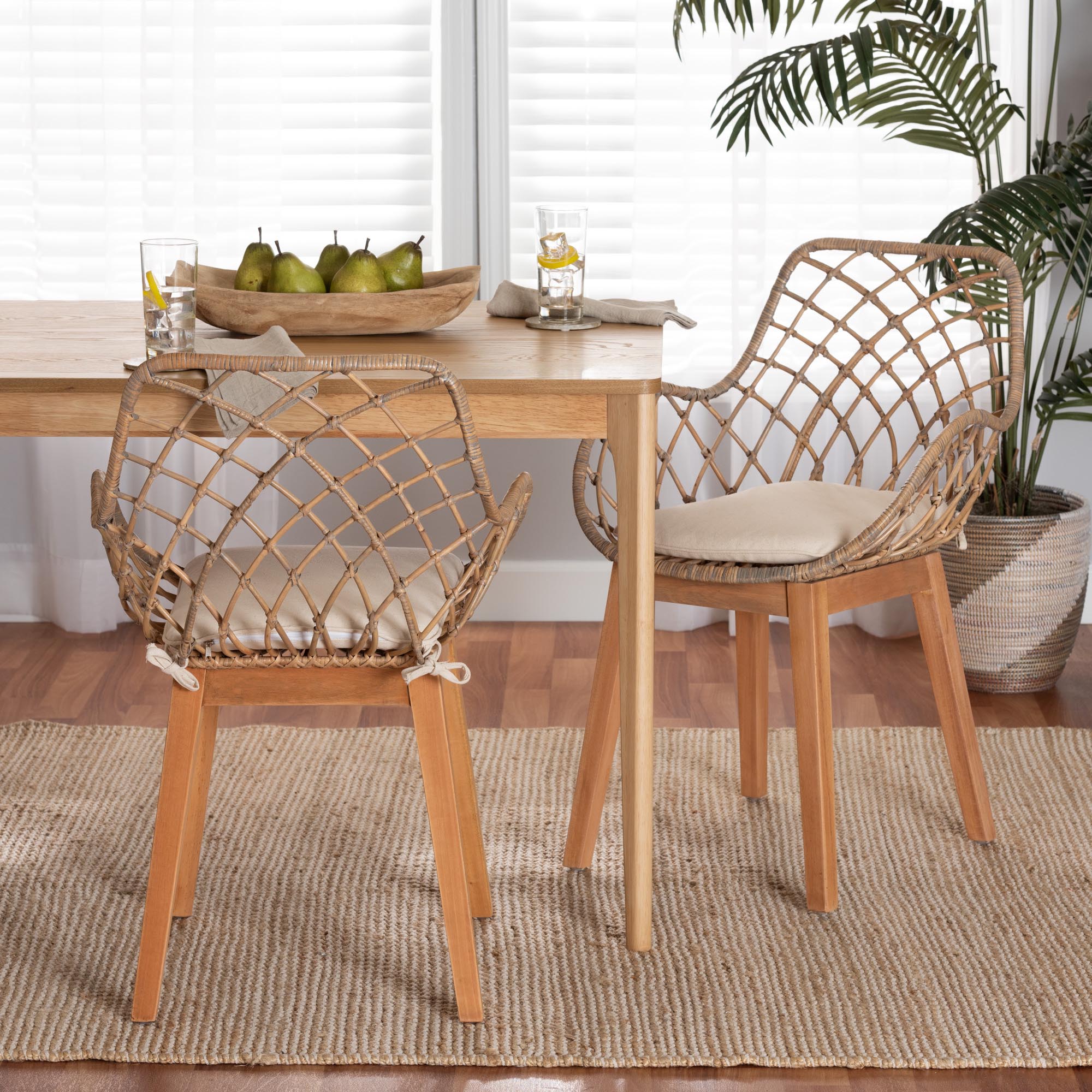 bali & pari Ballerina Modern Bohemian Greywashed Rattan and Natural Brown Finished Wood 2-Piece Dining Chair Set