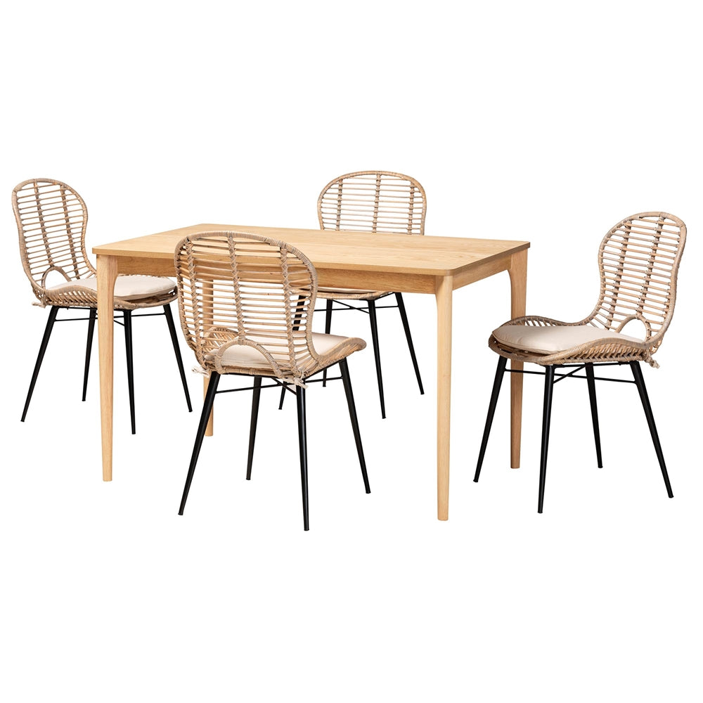 Brenna Modern Bohemian Greywashed Rattan and Natural Brown Finished Wood 5-Piece Dining Set
