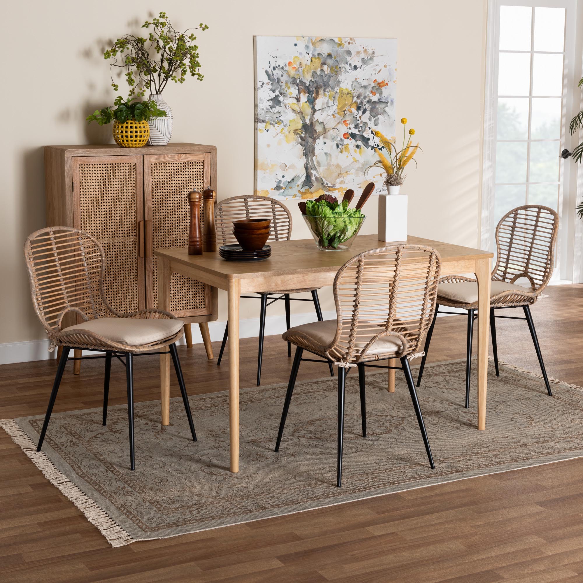 Brenna Modern Bohemian Greywashed Rattan and Natural Brown Finished Wood 5-Piece Dining Set