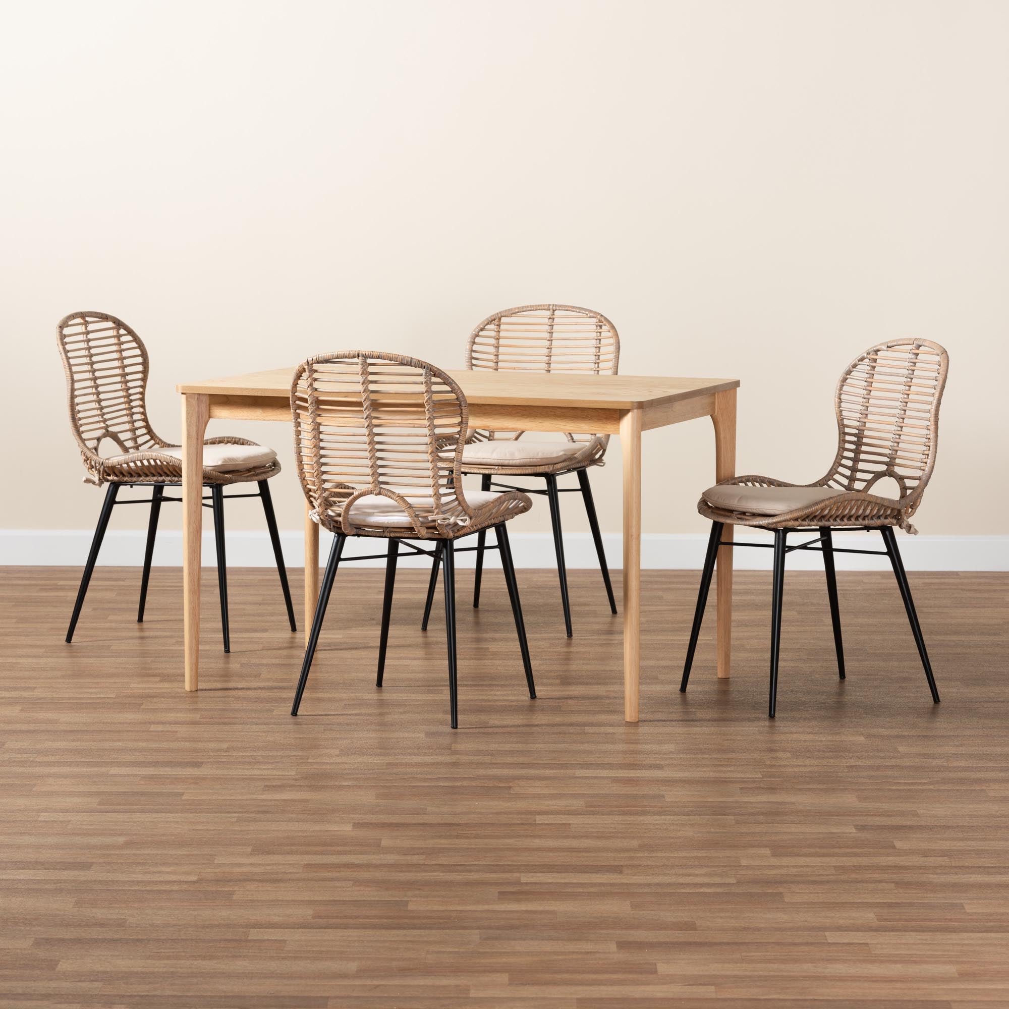 Brenna Modern Bohemian Greywashed Rattan and Natural Brown Finished Wood 5-Piece Dining Set