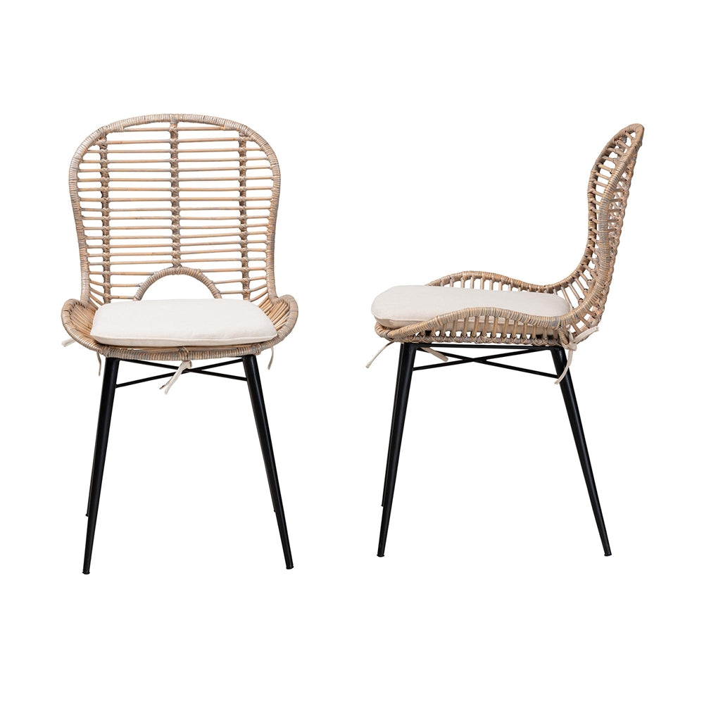 bali & pari Brenna Modern Bohemian Greywashed Rattan and Black Metal 2-Piece Dining Chair Set