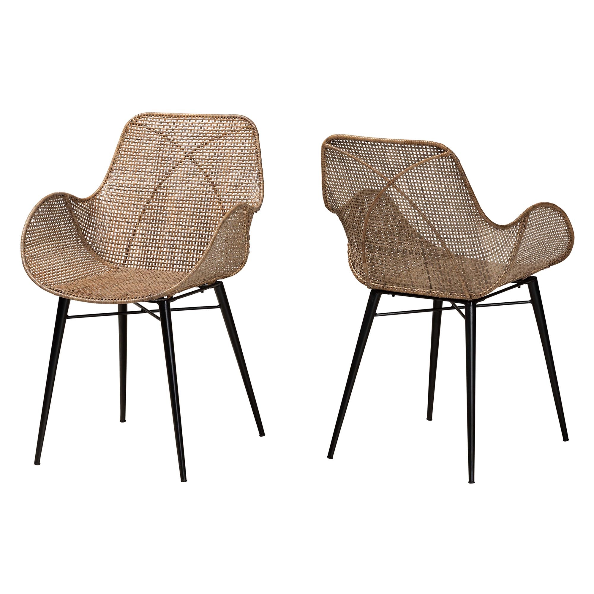 bali & pari Ballerina Modern Bohemian Greywashed Rattan and Black Metal 2-Piece Dining Chair Set