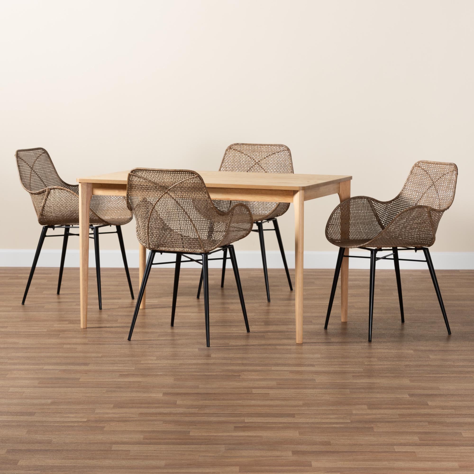 Ballerina Modern Bohemian Greywashed Rattan and Black Metal 5-Piece Dining Set