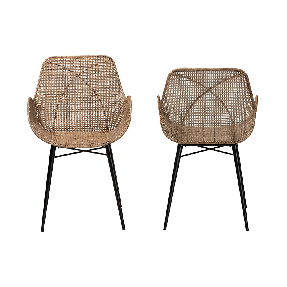 bali & pari Ballerina Modern Bohemian Greywashed Rattan and Black Metal 2-Piece Dining Chair Set