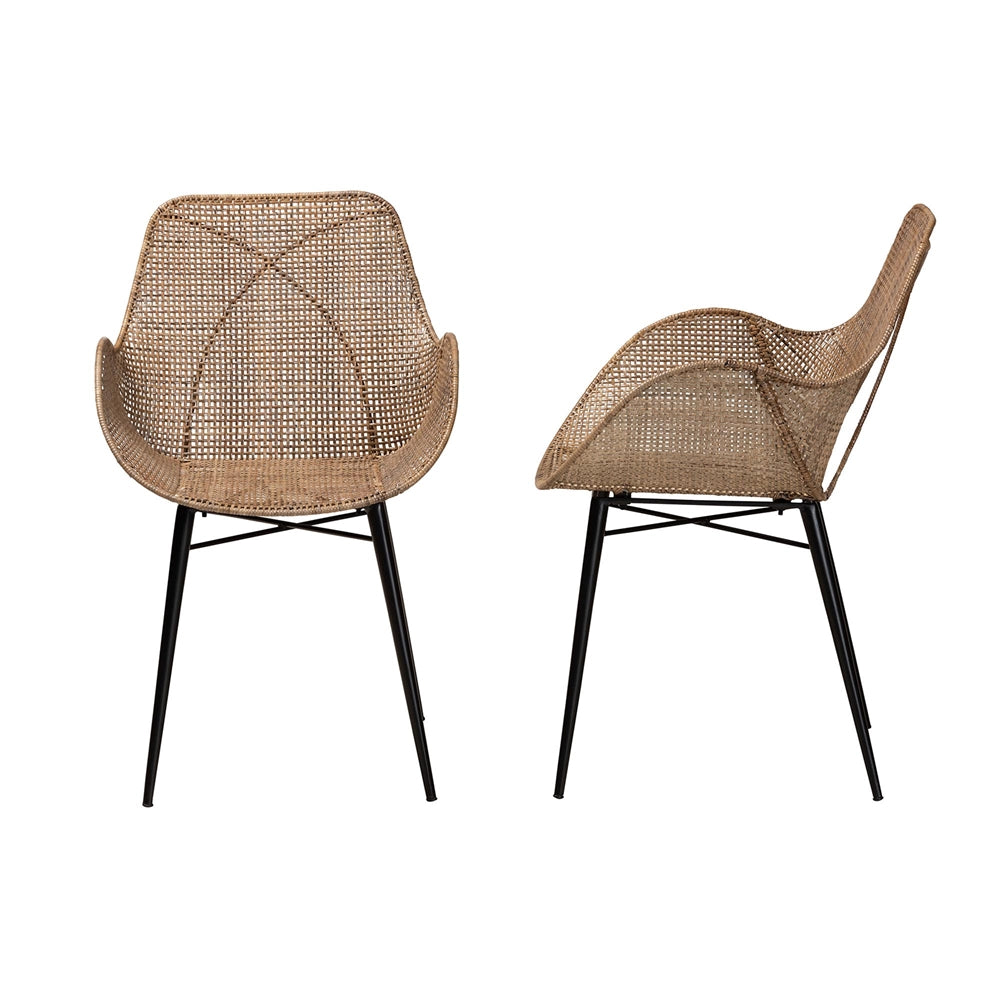 bali & pari Ballerina Modern Bohemian Greywashed Rattan and Black Metal 2-Piece Dining Chair Set