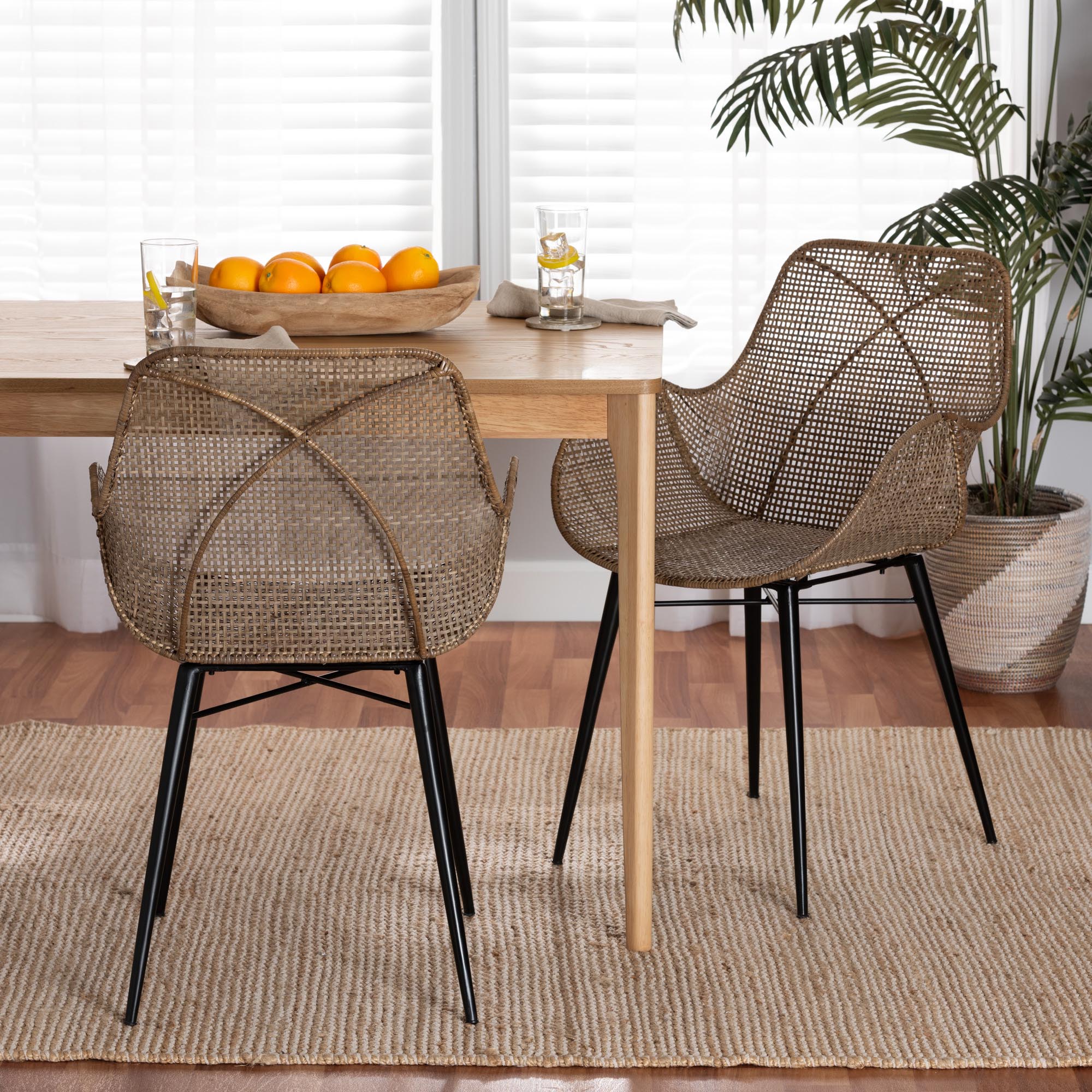 bali & pari Ballerina Modern Bohemian Greywashed Rattan and Black Metal 2-Piece Dining Chair Set