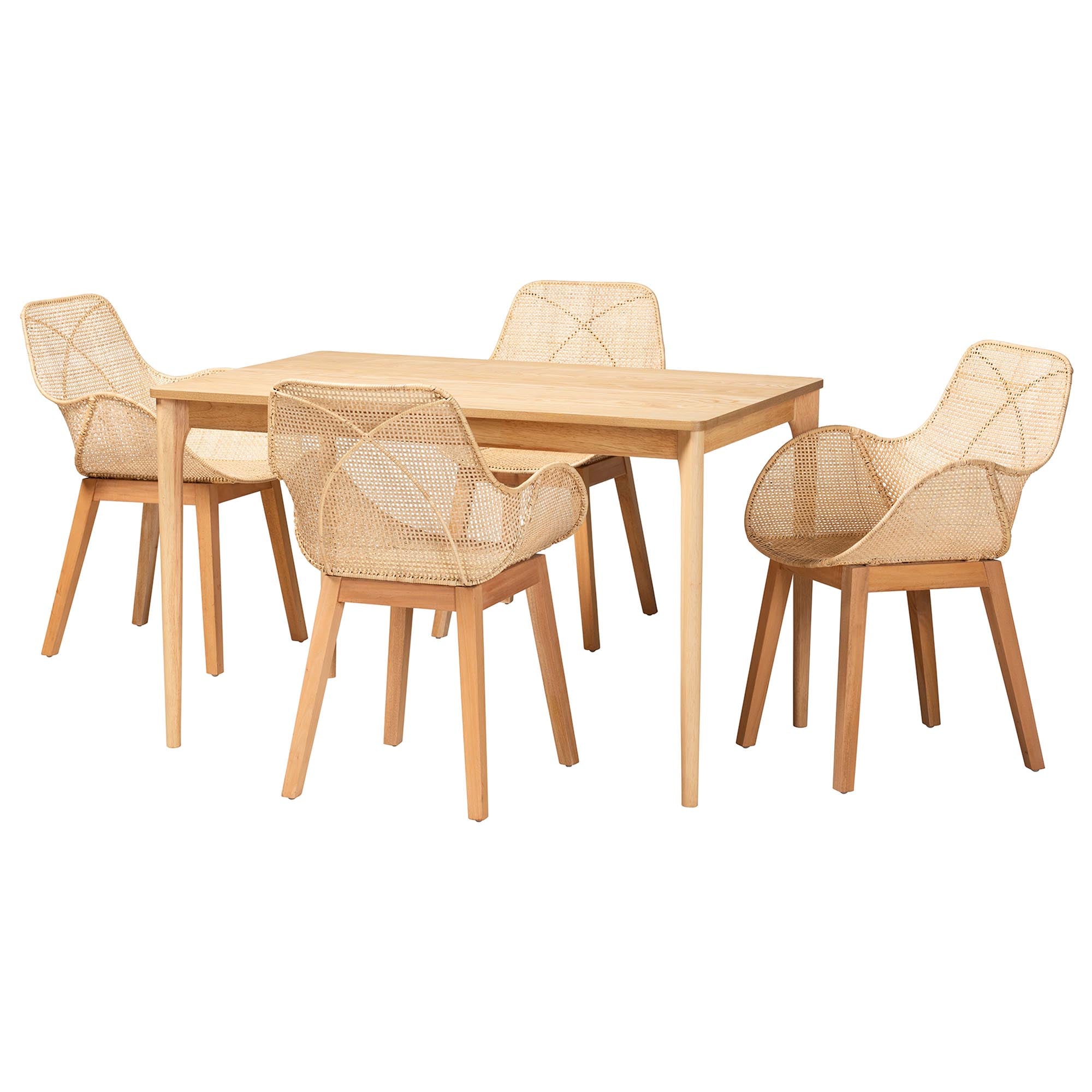 Baxton Studio Ballerina Japandi Natural Brown Mahogany Wood and Rattan 5-Piece Dining Set
