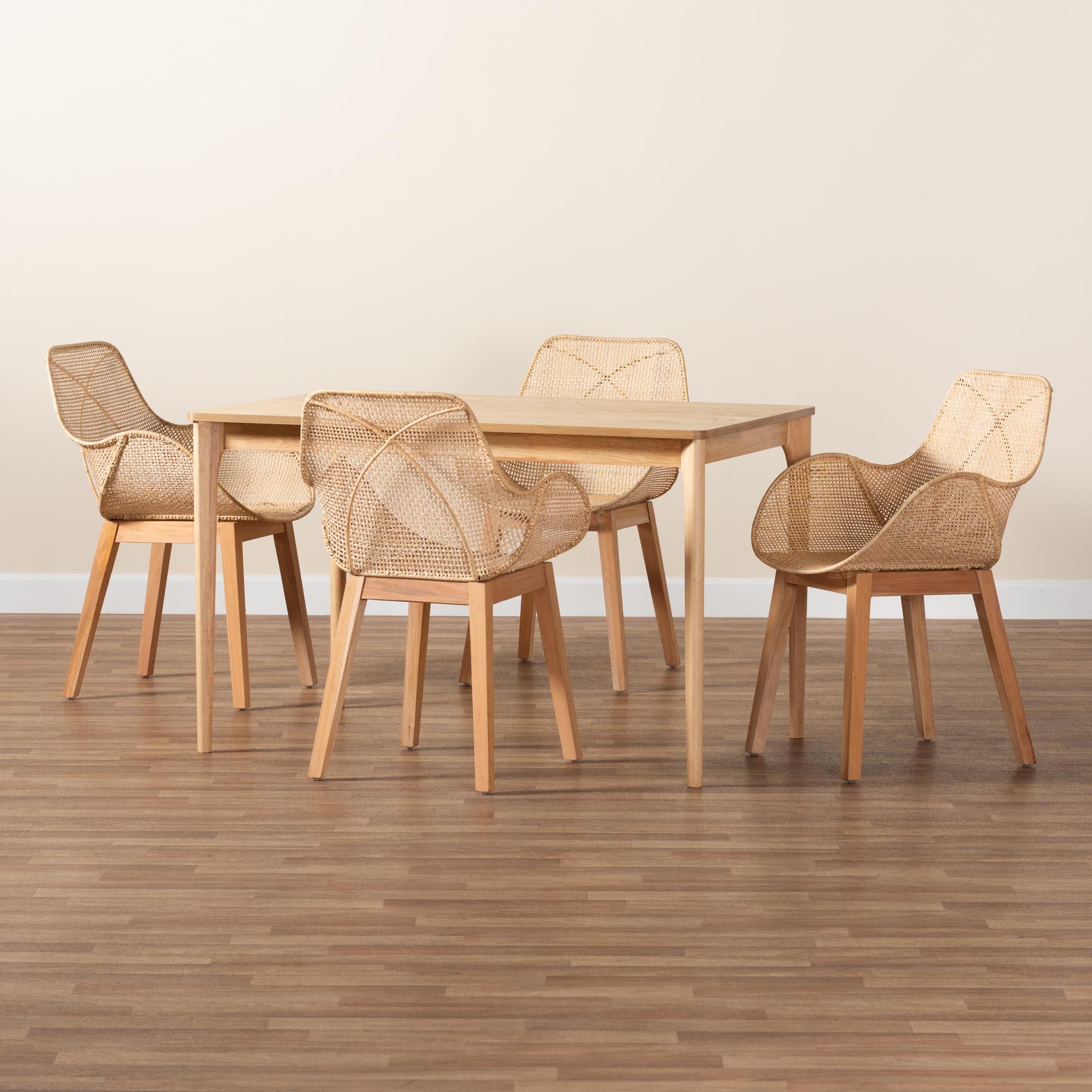 Ballerina Japandi Natural Brown Mahogany Wood and Rattan 5-Piece Dining Set