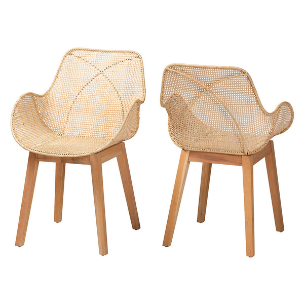 bali & pari Ballerina Japandi Natural Brown Finished Mahogany Wood and Rattan 2-Piece Dining Chair Set