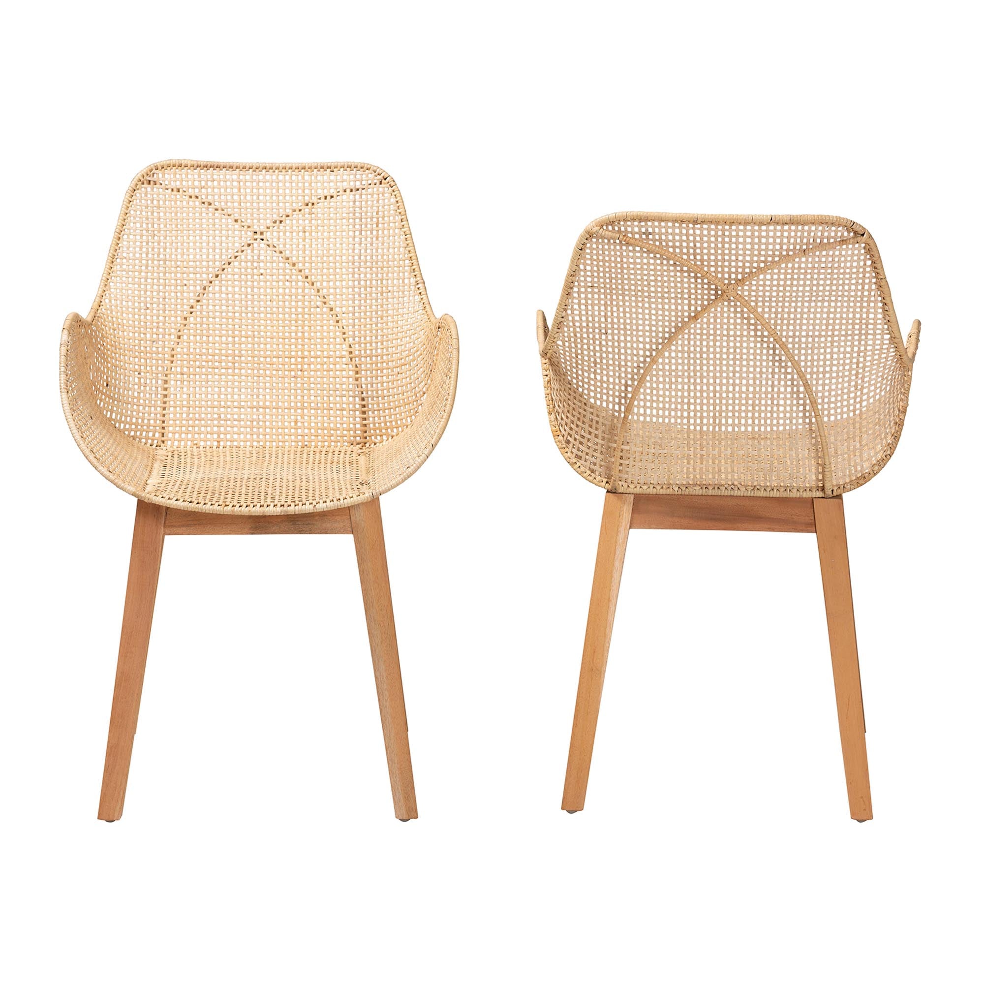 bali & pari Ballerina Japandi Natural Brown Finished Mahogany Wood and Rattan 2-Piece Dining Chair Set