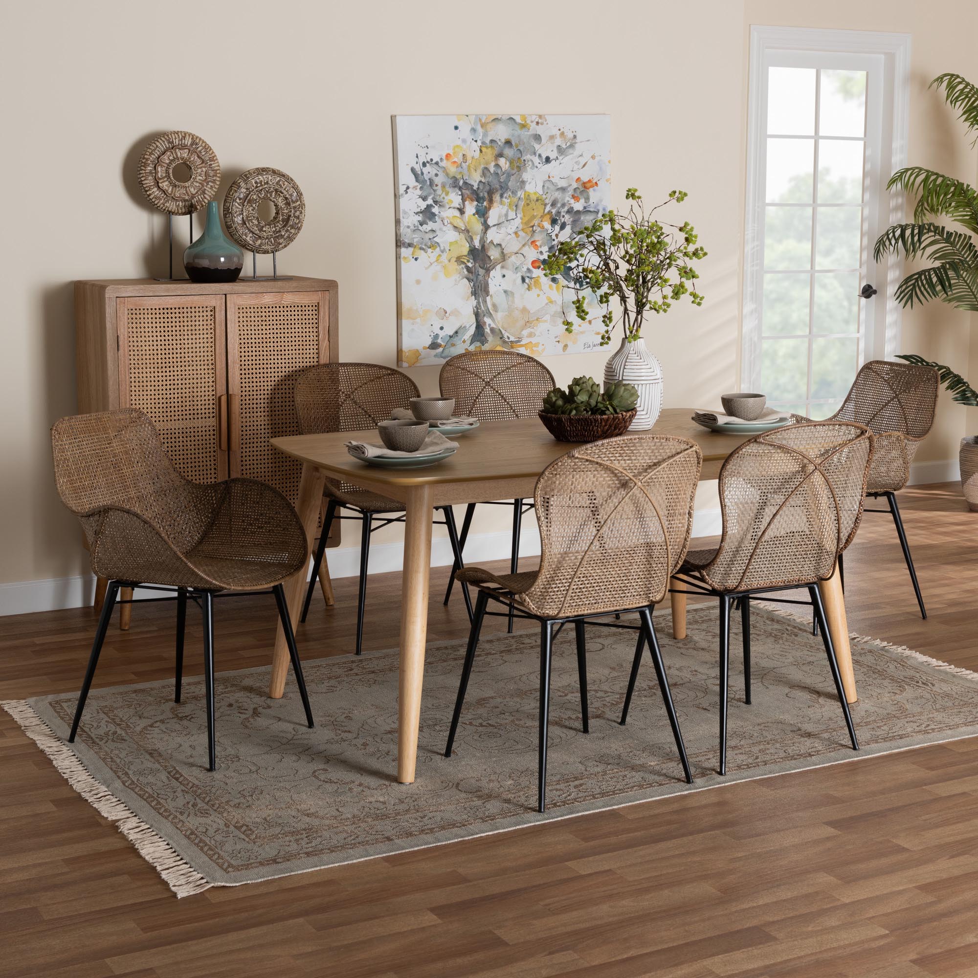 Emmali Modern Bohemian Greywashed Rattan and Natural Brown Finished Wood 7-Piece Dining Set