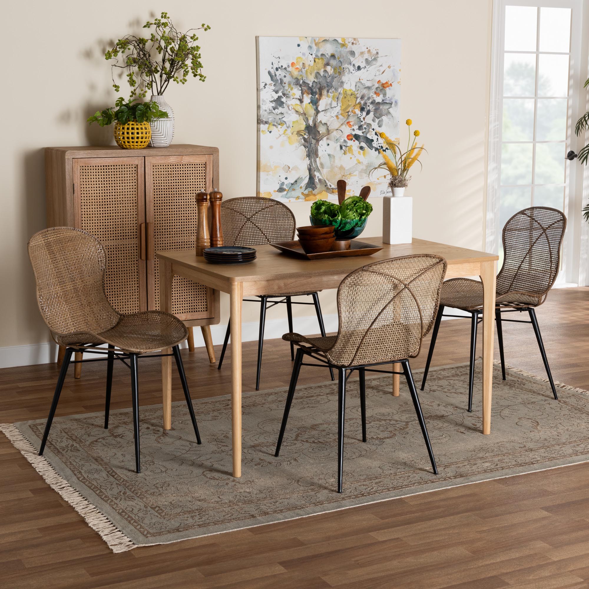 Sabelle Japandi Natural Brown Finished Wood and Greywashed Rattan 5-Piece Dining Set