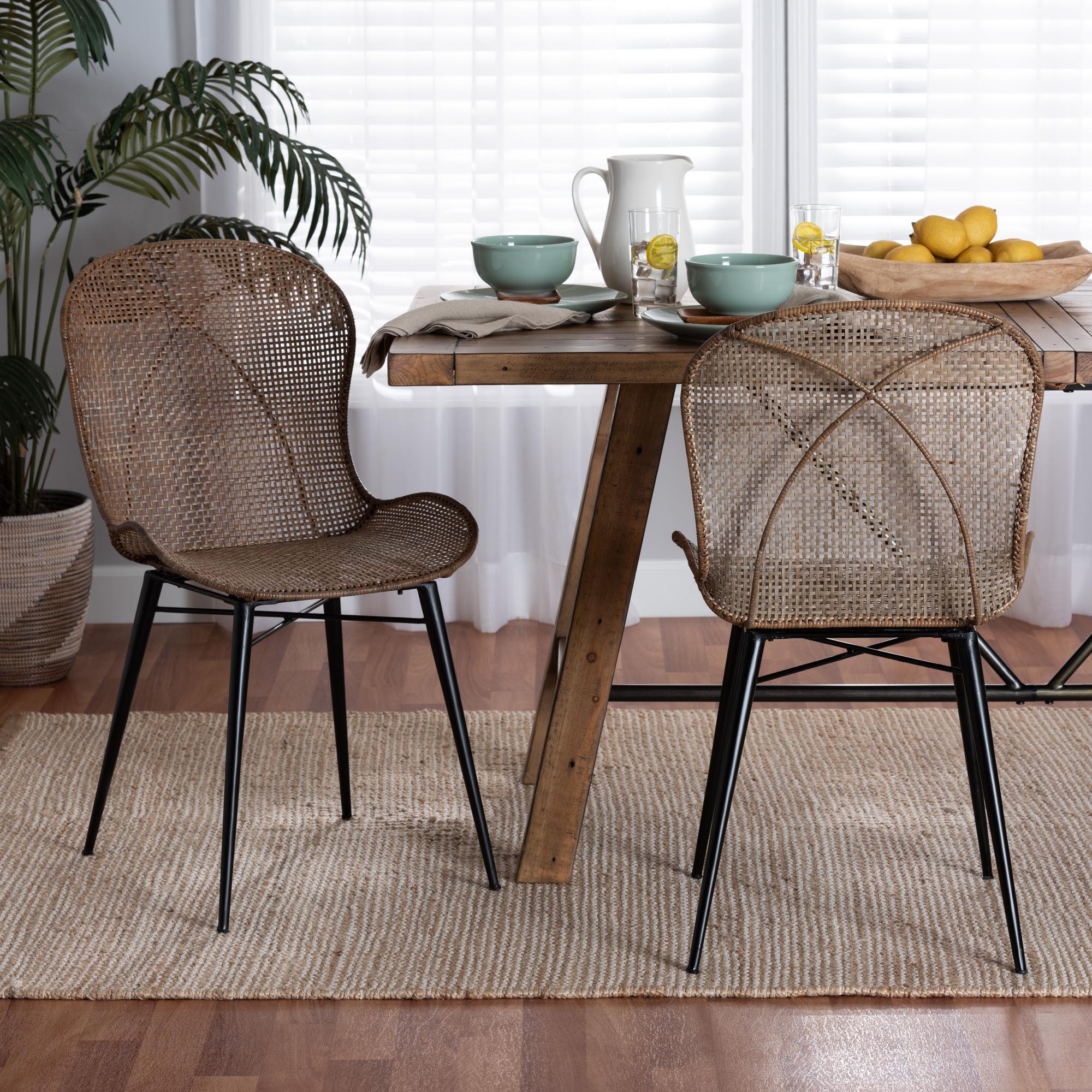 bali & pari Sabelle Japandi Greywashed Rattan and Black Metal 2-Piece Dining Chair Set