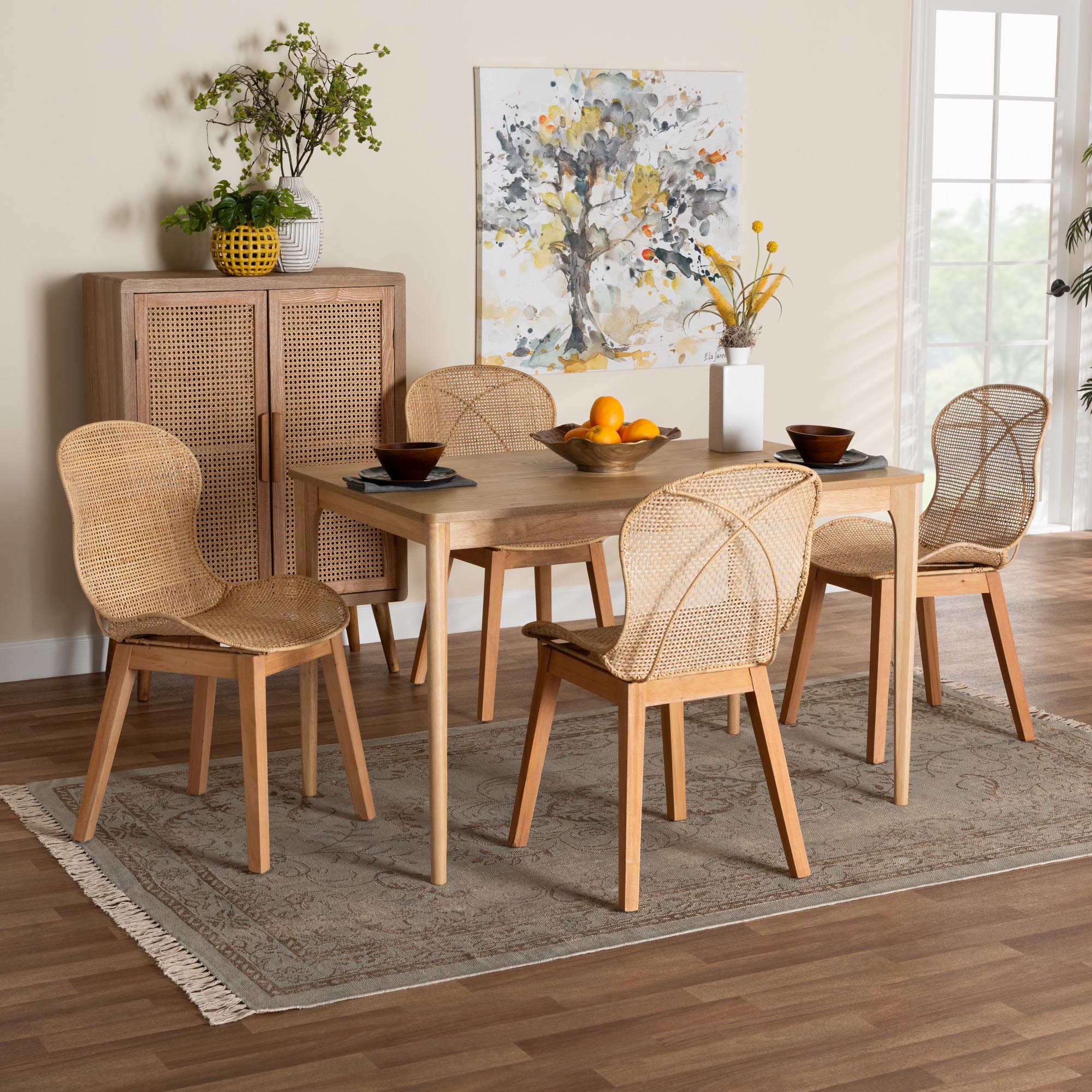 Sabelle Japandi Natural Brown Mahogany Wood and Rattan 5-Piece Dining Set