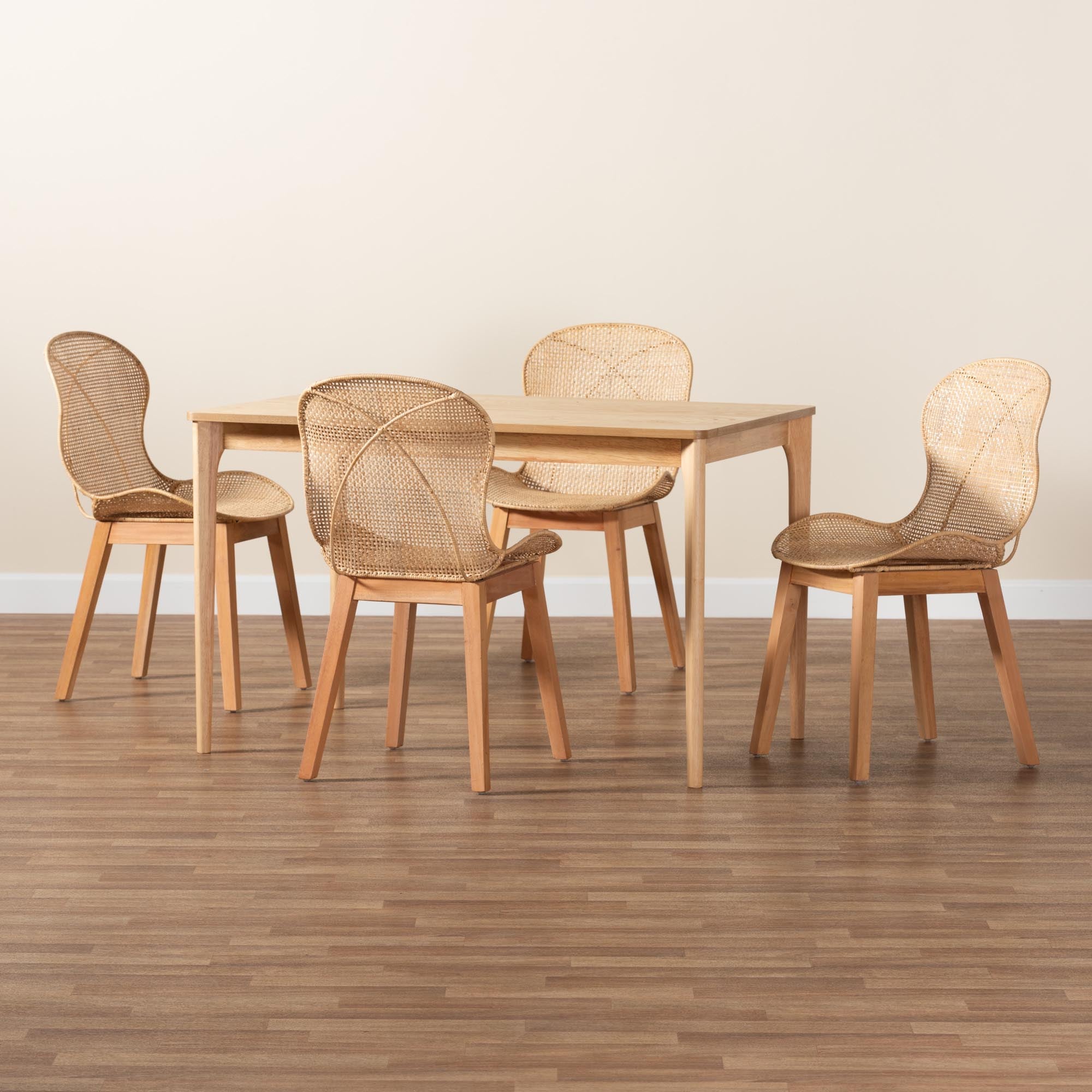 Sabelle Japandi Natural Brown Mahogany Wood and Rattan 5-Piece Dining Set