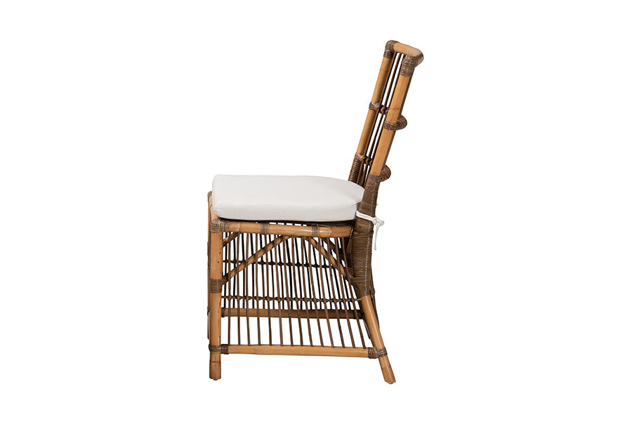 bali & pari Kim Modern Bohemian White Fabric and Natural Brown Rattan Dining Chair