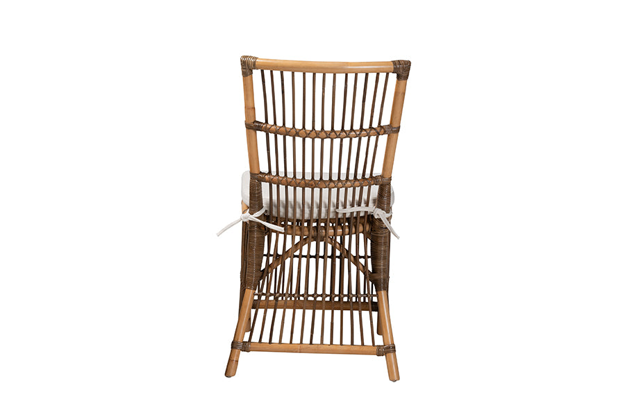 bali & pari Kim Modern Bohemian White Fabric and Natural Brown Rattan Dining Chair