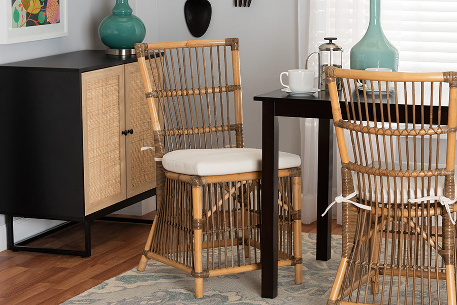 bali & pari Kim Modern Bohemian White Fabric and Natural Brown Rattan Dining Chair