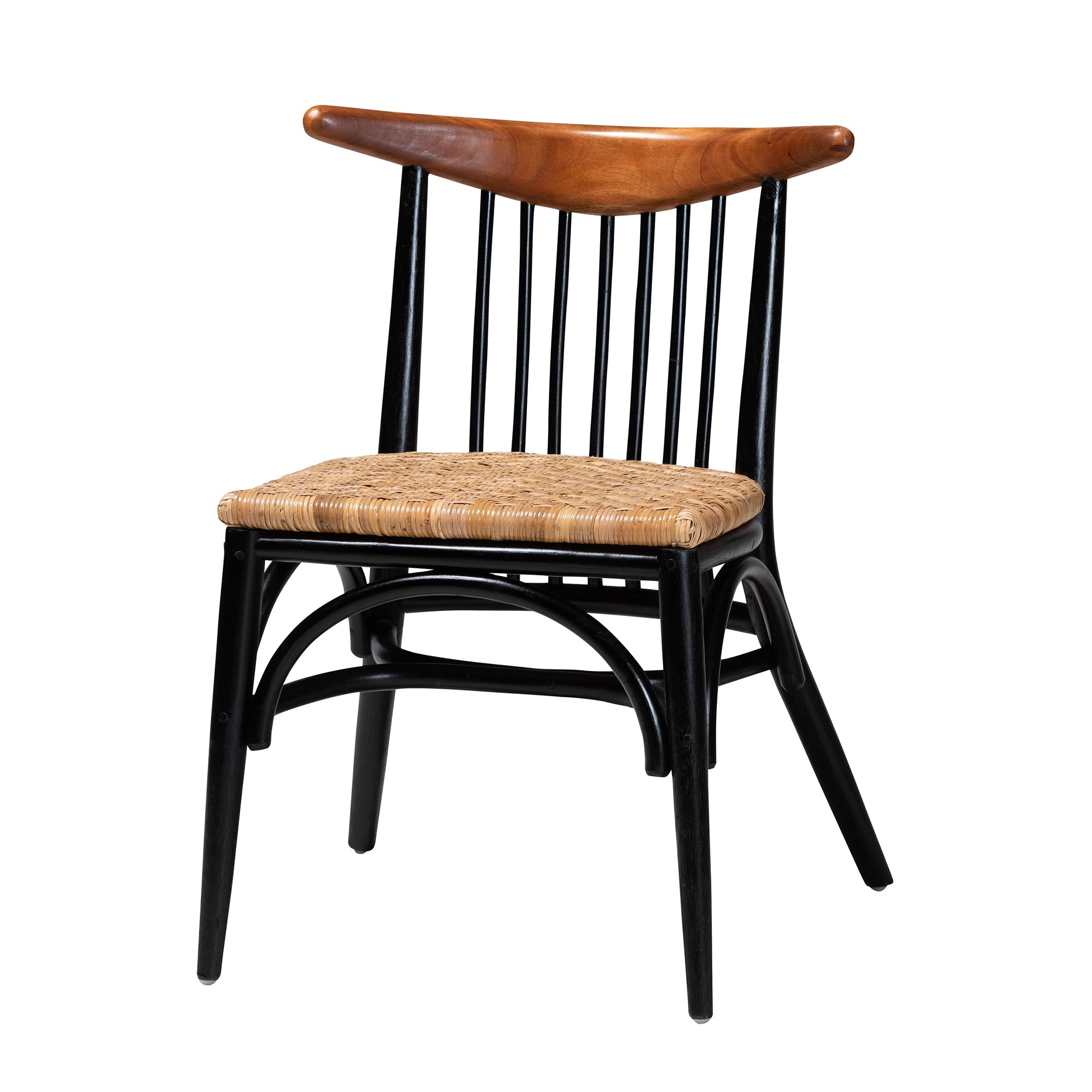 bali & pari Parthenia Mid-Century Modern Two-Tone Black and Walnut Brown Finished Mahogany Wood and Natural Rattan Dining Chair