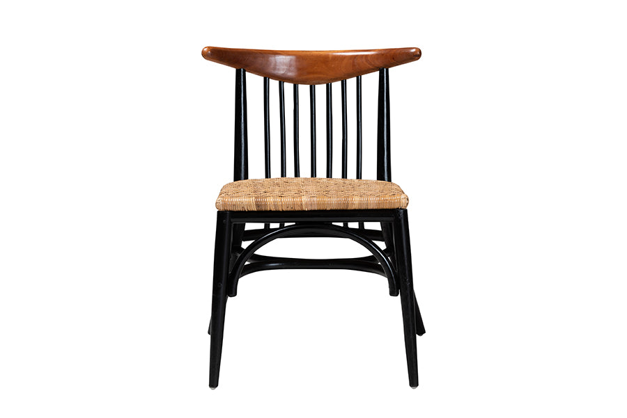 bali & pari Parthenia Mid-Century Modern Two-Tone Black and Walnut Brown Finished Mahogany Wood and Natural Rattan Dining Chair