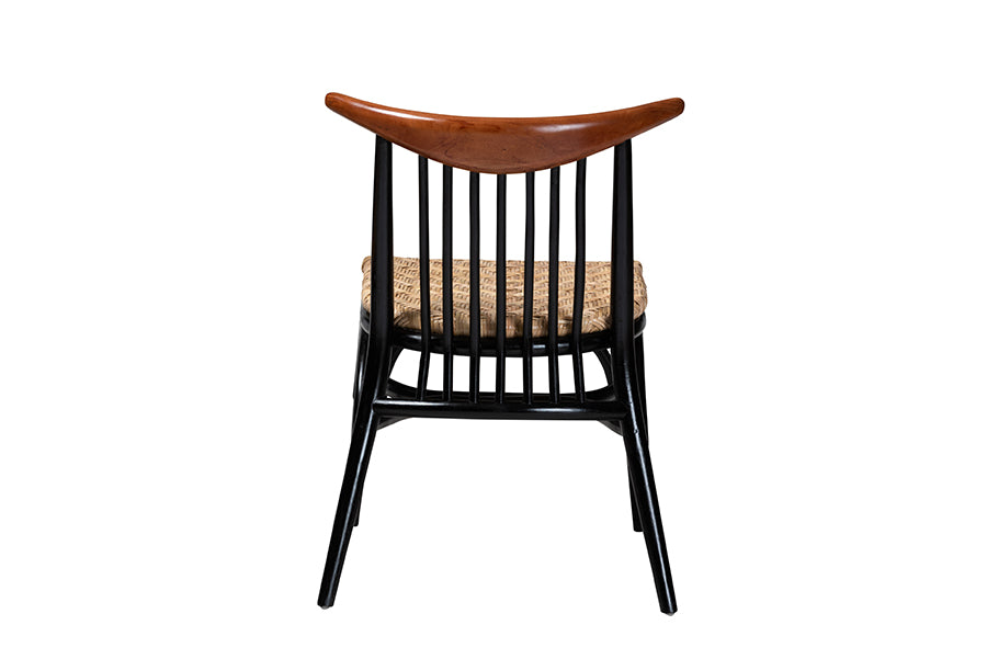 bali & pari Parthenia Mid-Century Modern Two-Tone Black and Walnut Brown Finished Mahogany Wood and Natural Rattan Dining Chair