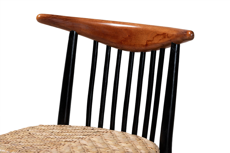 bali & pari Parthenia Mid-Century Modern Two-Tone Black and Walnut Brown Finished Mahogany Wood and Natural Rattan Dining Chair