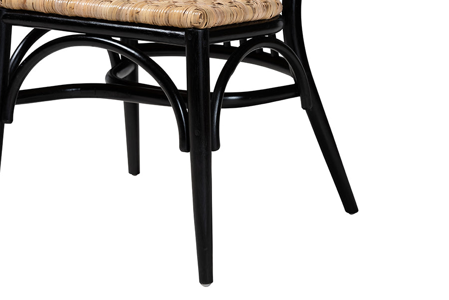 bali & pari Parthenia Mid-Century Modern Two-Tone Black and Walnut Brown Finished Mahogany Wood and Natural Rattan Dining Chair