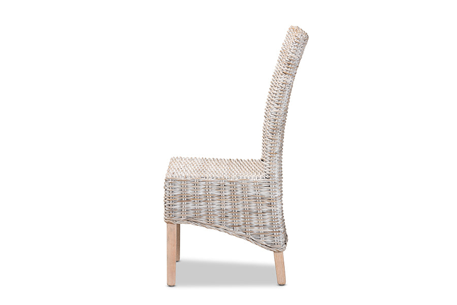 bali & pari Trianna Rustic Transitional Whitewashed Rattan and Natural Brown Finished Wood Dining Chair