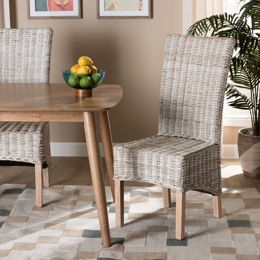 bali & pari Trianna Rustic Transitional Whitewashed Rattan and Natural Brown Finished Wood Dining Chair