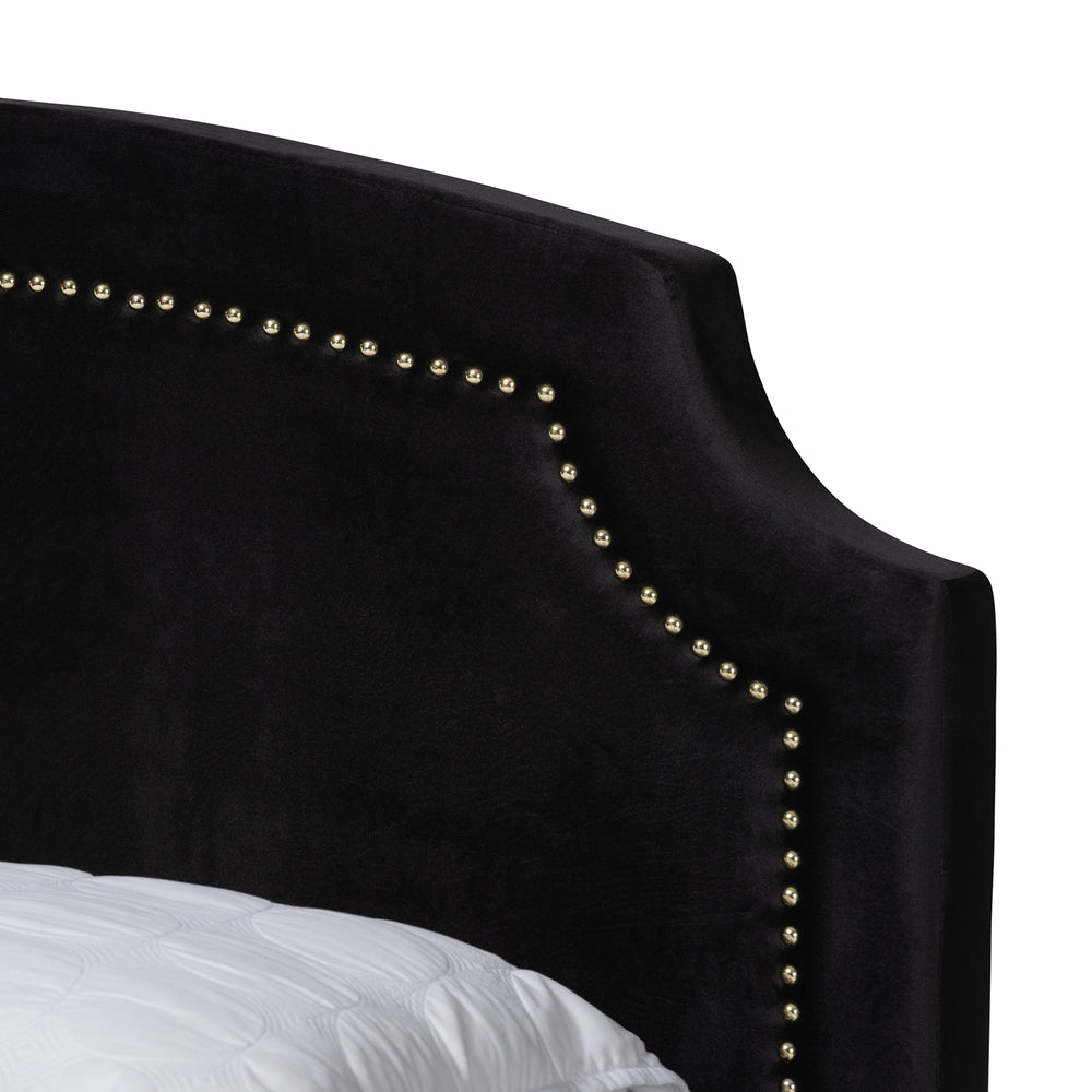 Oxley Traditional Glam And Luxe Black Velvet And Gold Metal Queen Size Panel Bed