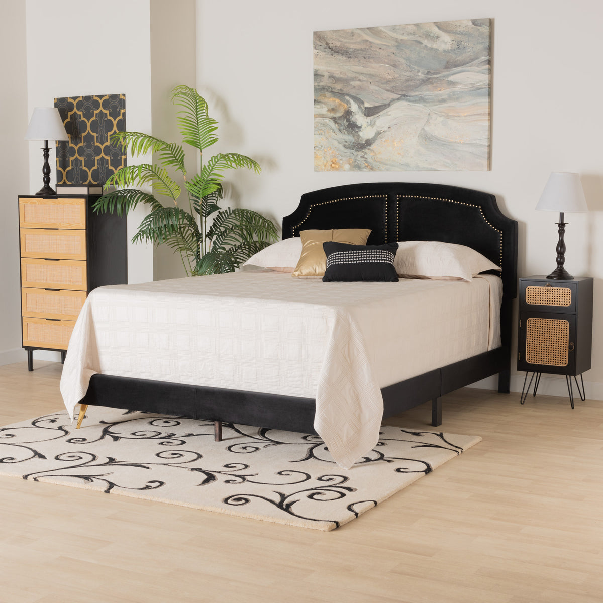 Queen Bed Black Velvet & Gold Metal –  Panel Headboard Design