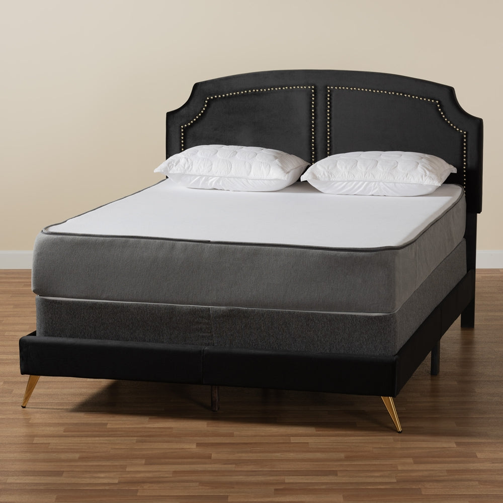 Oxley Traditional Glam And Luxe Black Velvet And Gold Metal Queen Size Panel Bed