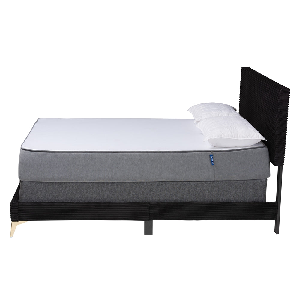 Abberton Modern And Contemporary Black Velvet And Gold Metal Queen Size Panel Bed