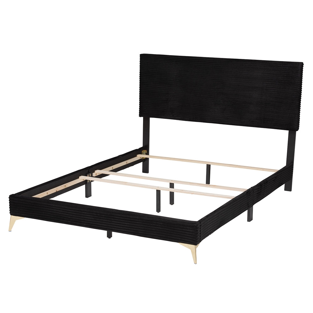 Abberton Modern And Contemporary Black Velvet And Gold Metal Queen Size Panel Bed