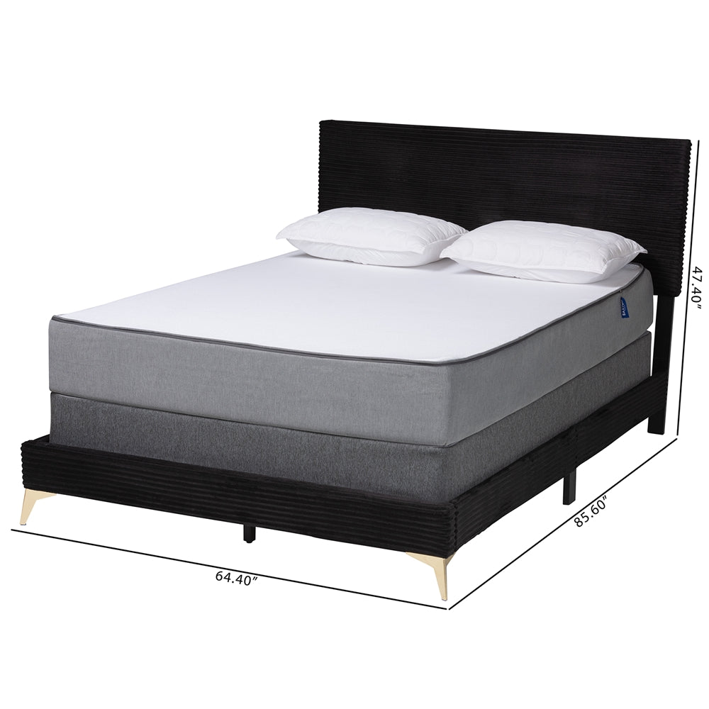 Abberton Modern And Contemporary Black Velvet And Gold Metal Queen Size Panel Bed