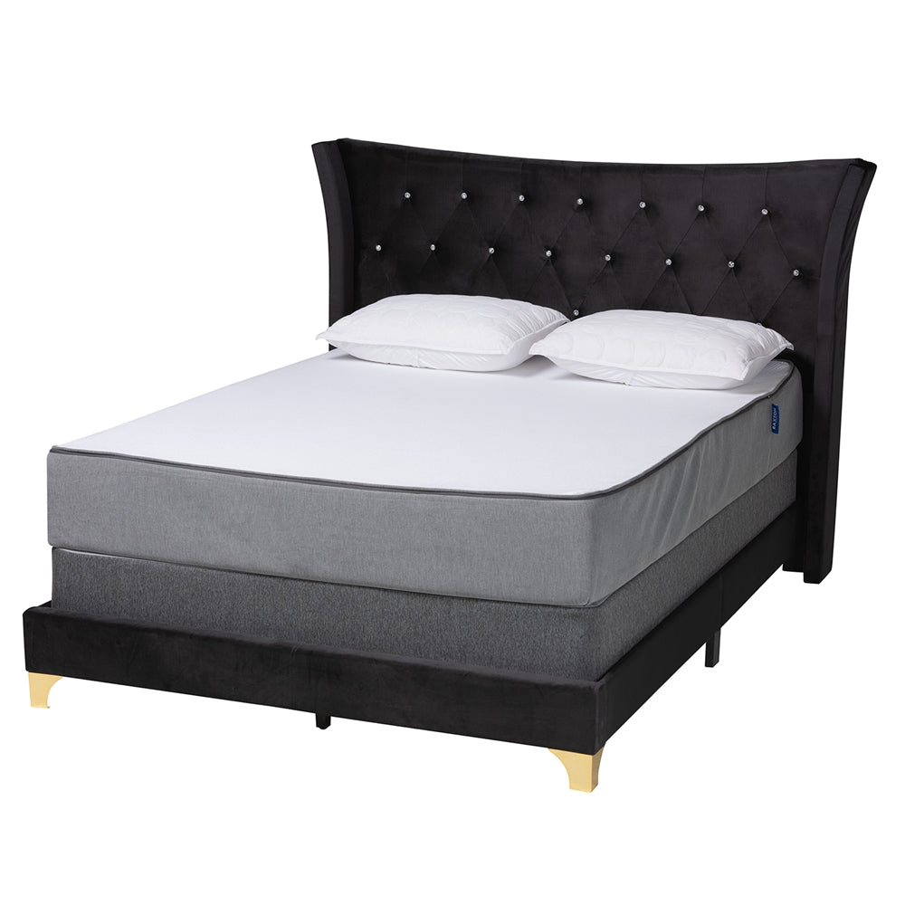 Ralston Queen Velvet Upholstered Bed – Contemporary Glam with Gold Metal Accents