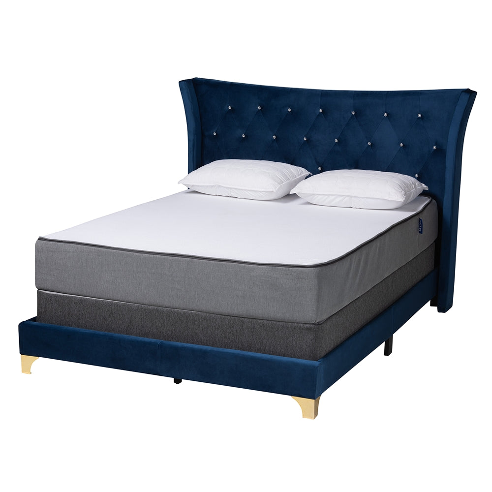 Easton Contemporary Glam And Luxe Navy Blue Velvet And Gold Metal Queen Size Panel Bed