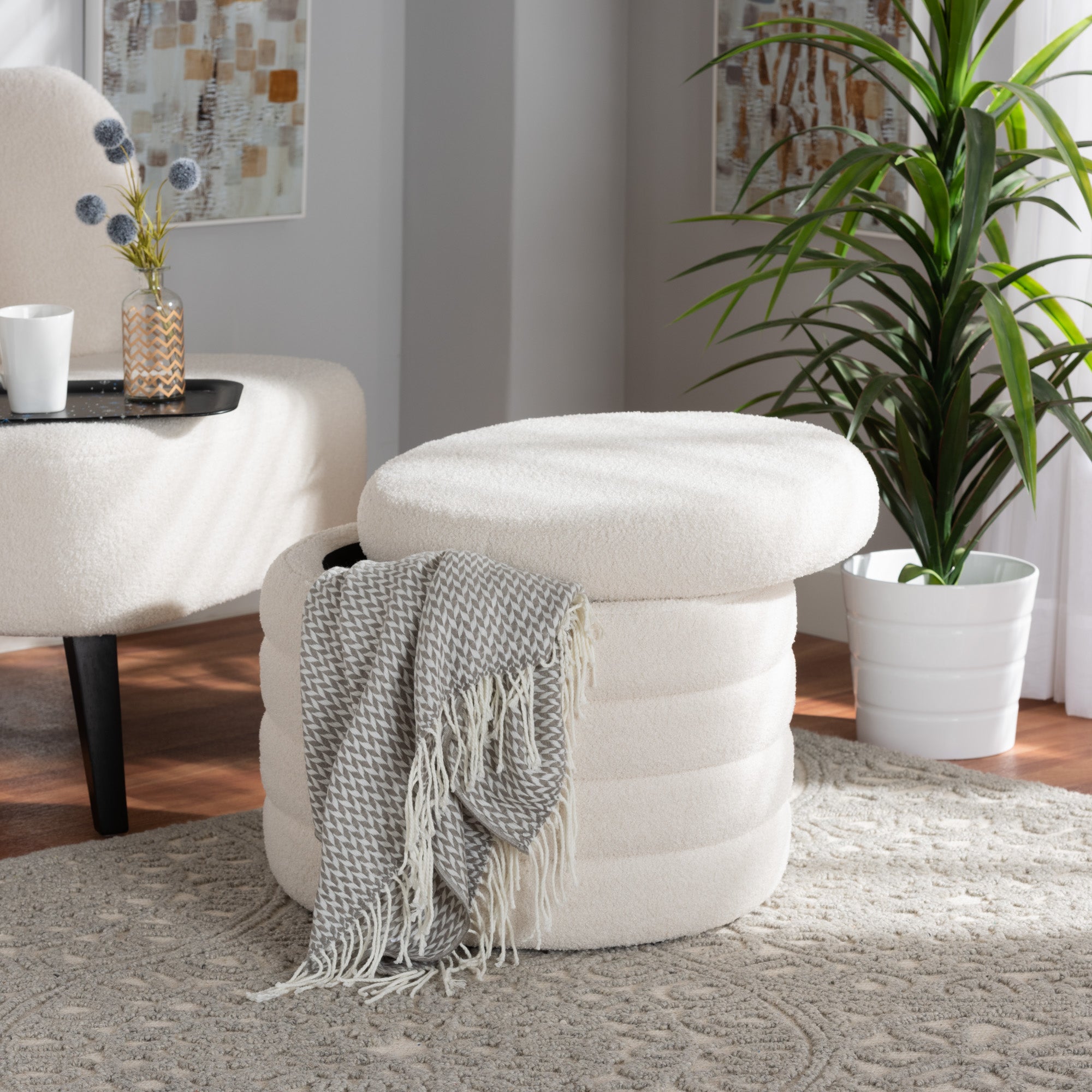 Tabitha Modern and Contemporary Ivory Boucle Upholstered Storage Ottoman