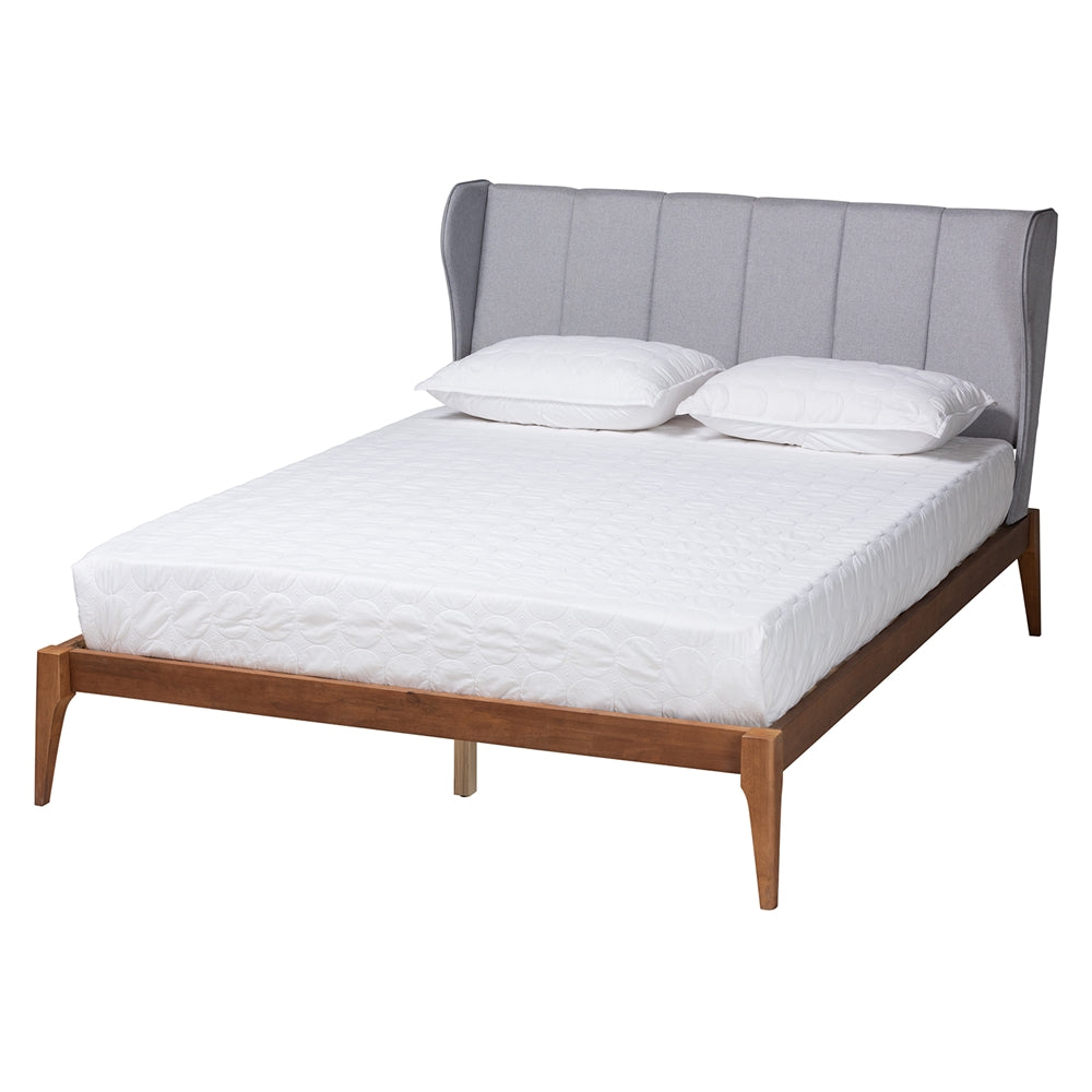 Royce Light Grey Fabric And Ash Walnut Finished Wood Queen Size Bed