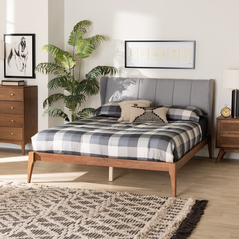 Royce Light Grey Fabric And Ash Walnut Finished Wood Queen Size Bed