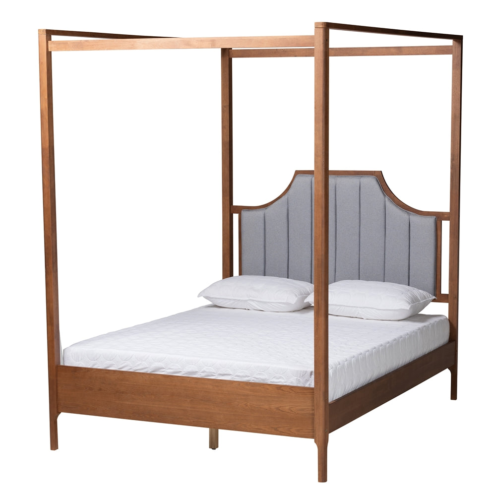 Dakota Light Grey Fabric And Ash Walnut Finished Wood Queen Size Platform Canopy Bed