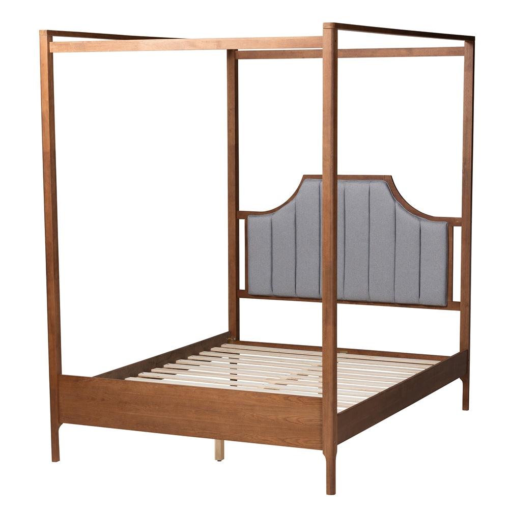 Dakota Light Grey Fabric And Ash Walnut Finished Wood Queen Size Platform Canopy Bed