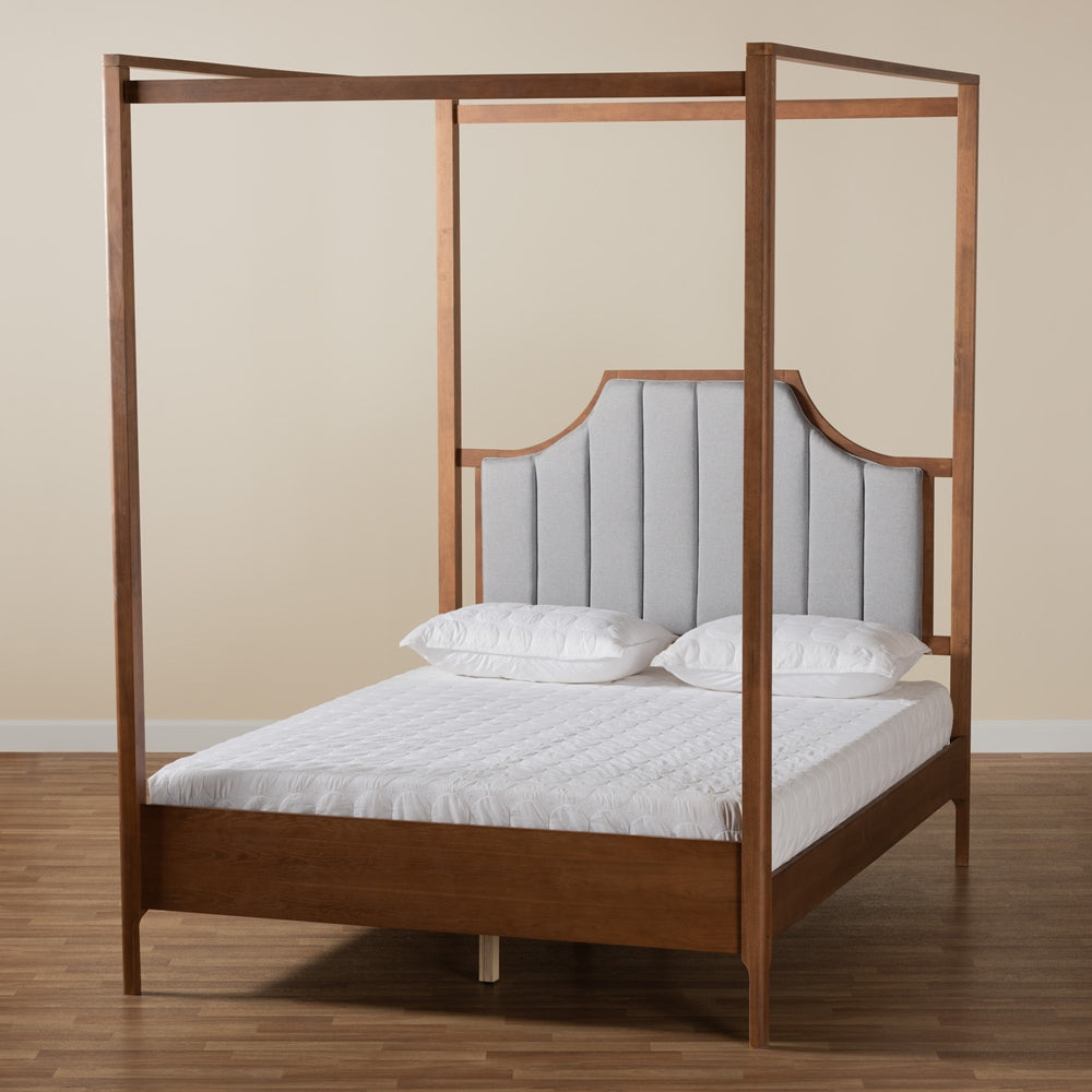 Dakota Light Grey Fabric And Ash Walnut Finished Wood Queen Size Platform Canopy Bed